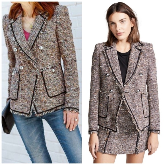Veronica Beard Theron Double Breasted Tweed Blazer Jacket in Brown Multi Size 0 - Picture 1 of 10